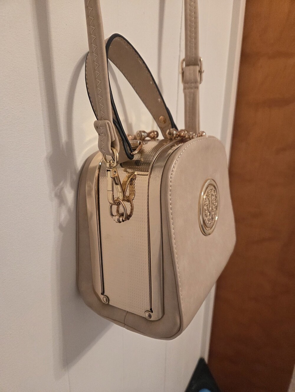 Beige Women's Box Style Crossbody Bag with Gold Accents